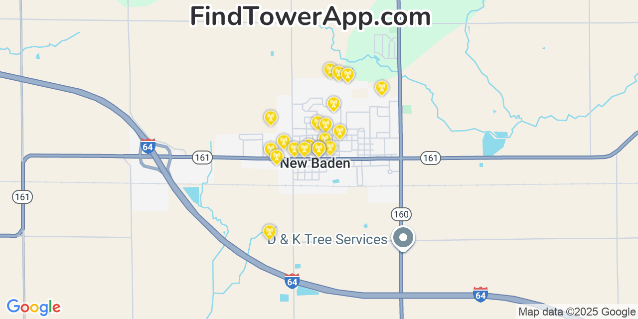 Map showing the 20 primary cell tower locations detected in New Baden, Illinois from AT&T, Verizon, and T-Mobile networks