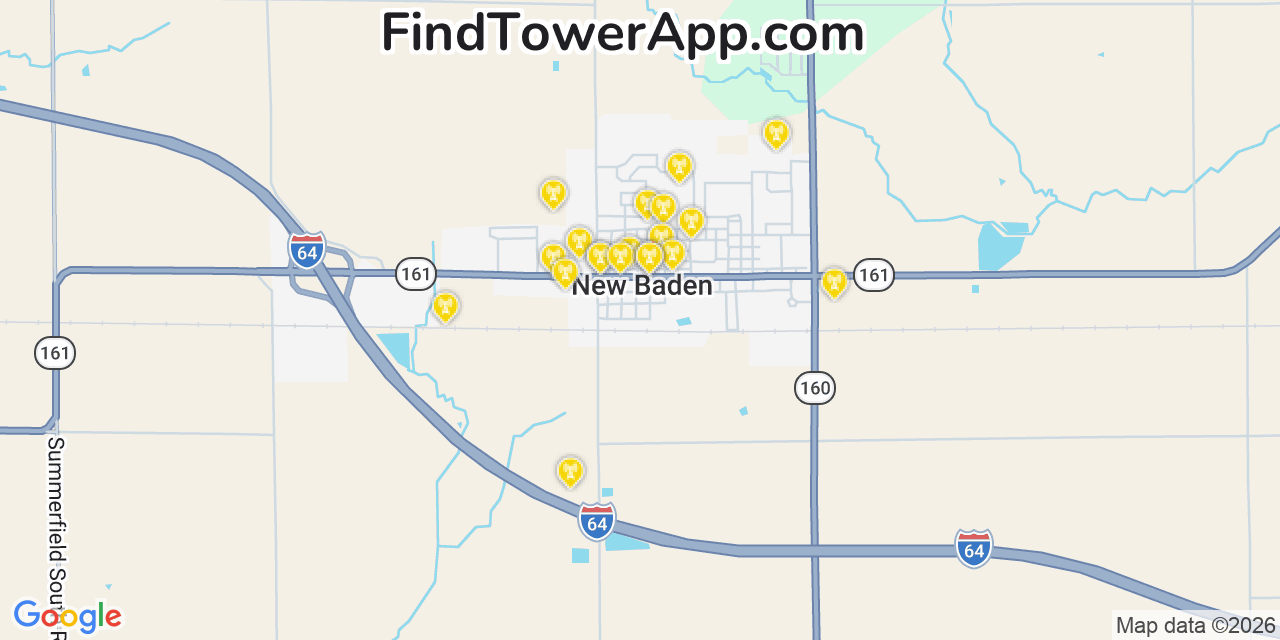 Map showing the 20 primary cell tower locations detected in New Baden, Illinois from AT&T, Verizon, and T-Mobile networks
