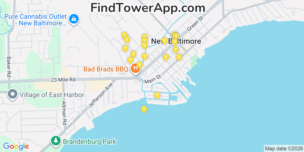 Map showing the 20 primary cell tower locations detected in New Baltimore, Michigan from AT&T, Verizon, and T-Mobile networks