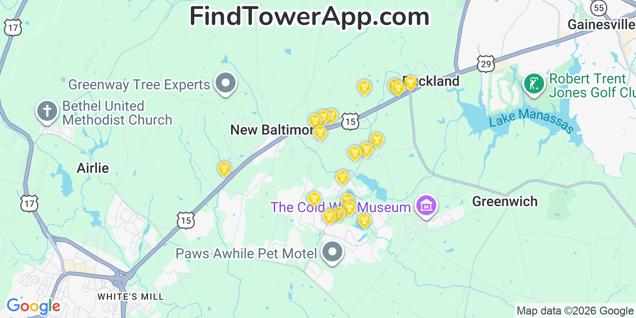 Map showing the 20 primary cell tower locations detected in New Baltimore, Virginia from AT&T, Verizon, and T-Mobile networks