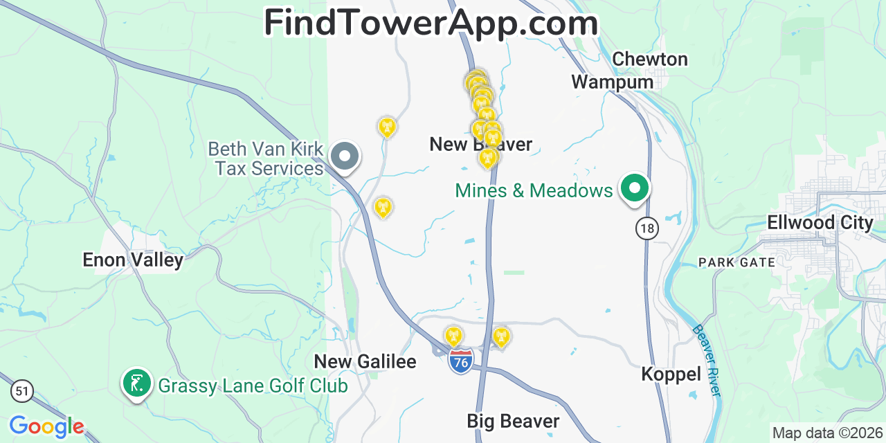 Map showing the 20 primary cell tower locations detected in New Beaver, Pennsylvania from AT&T, Verizon, and T-Mobile networks