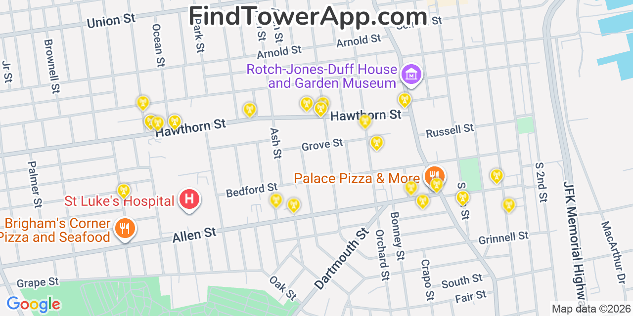Map showing the 20 primary cell tower locations detected in New Bedford, Massachusetts from AT&T, Verizon, and T-Mobile networks