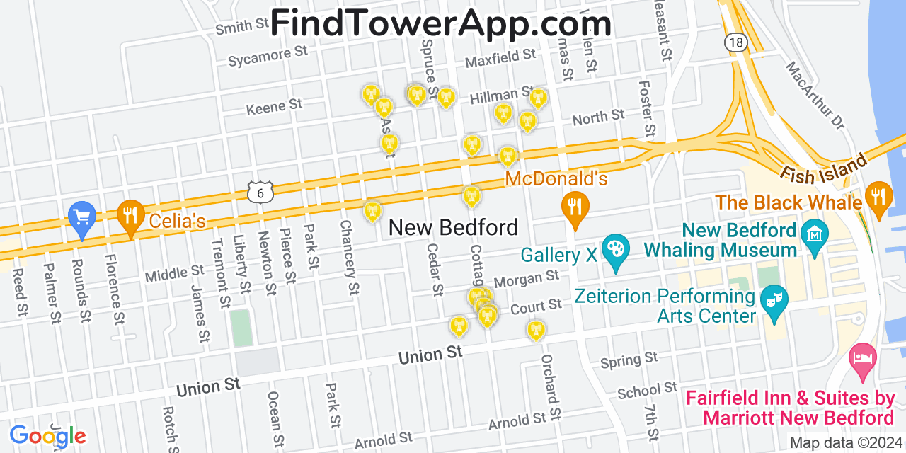 Verizon 4G/5G cell tower coverage map New Bedford, Massachusetts