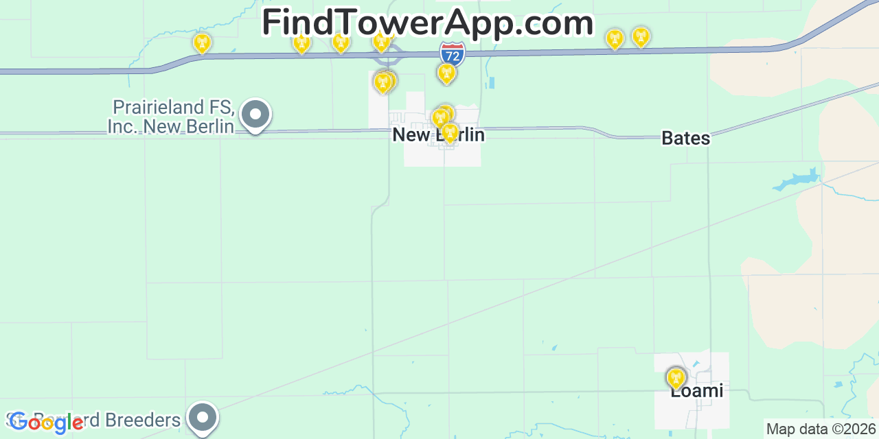 Map showing the 20 primary cell tower locations detected in New Berlin, Illinois from AT&T, Verizon, and T-Mobile networks