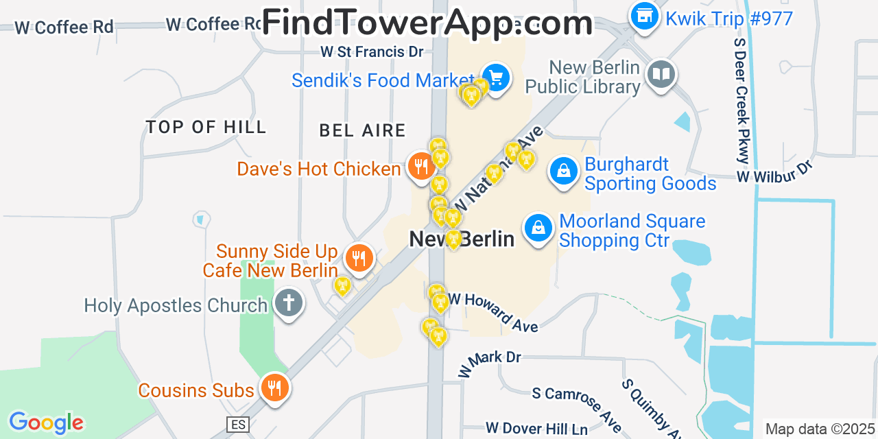 Map showing the 20 primary cell tower locations detected in New Berlin, Wisconsin from AT&T, Verizon, and T-Mobile networks