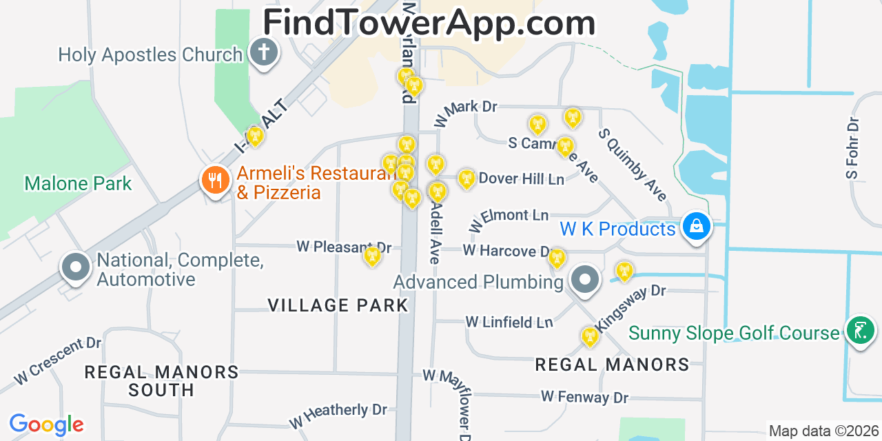 Map showing the 20 primary cell tower locations detected in New Berlin, Wisconsin from AT&T, Verizon, and T-Mobile networks