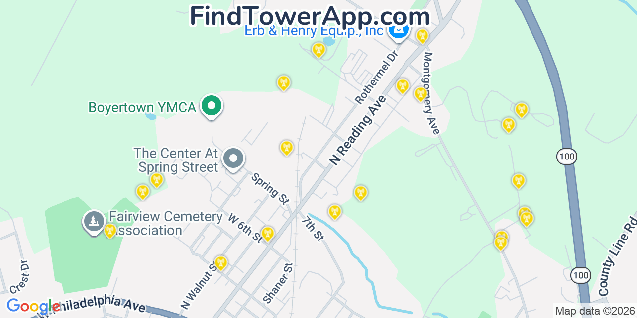 Map showing the 20 primary cell tower locations detected in New Berlinville, Pennsylvania from AT&T, Verizon, and T-Mobile networks