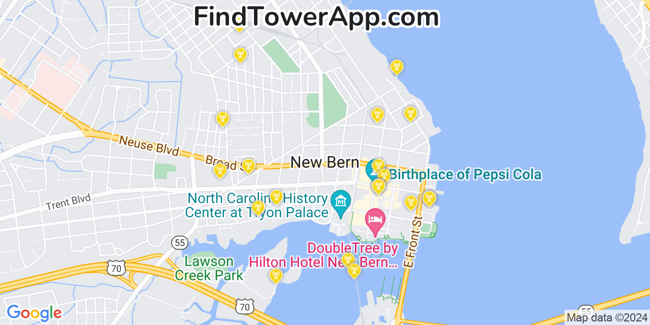 AT&T 4G/5G cell tower coverage map New Bern, North Carolina