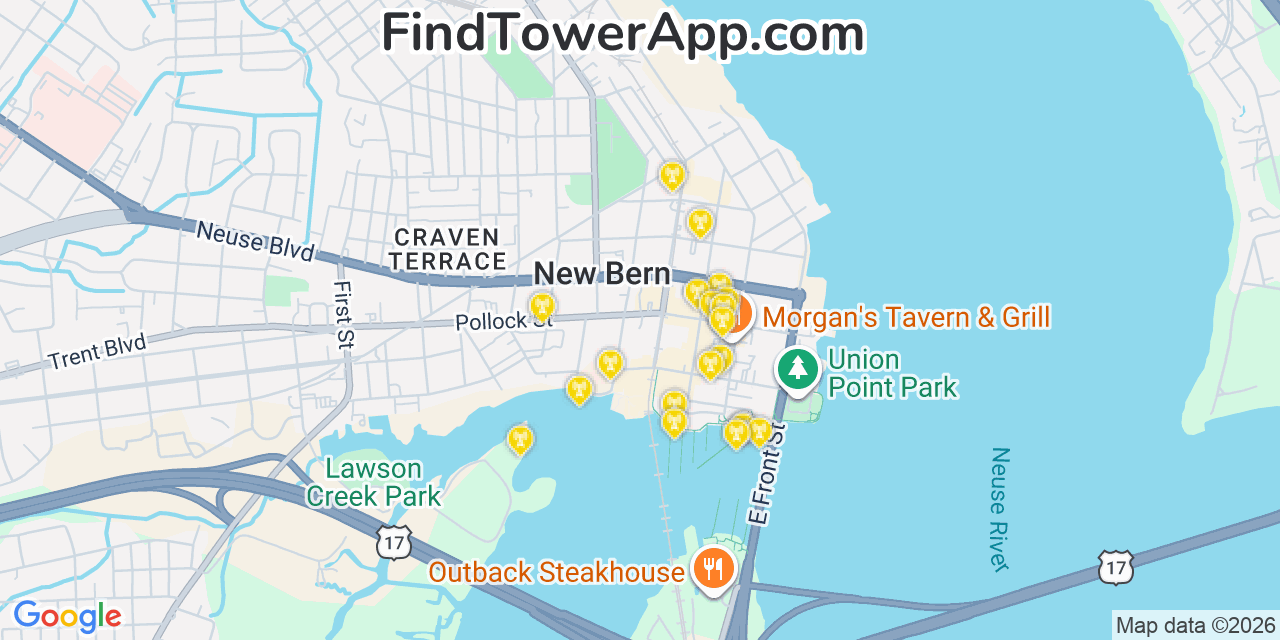 Map showing the 20 primary cell tower locations detected in New Bern, North Carolina from AT&T, Verizon, and T-Mobile networks