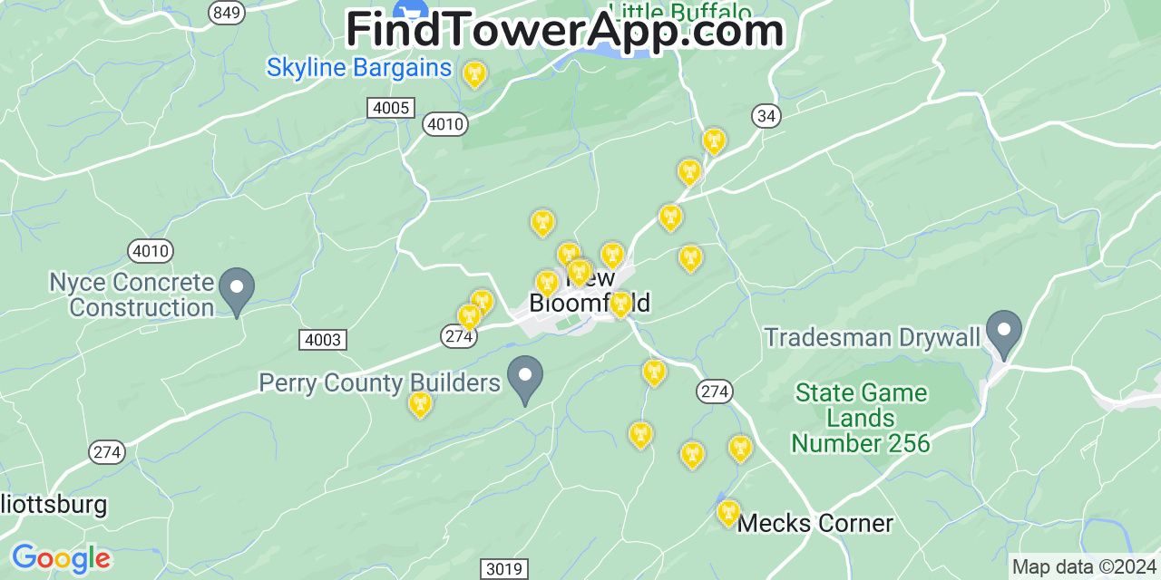 AT&T 4G/5G cell tower coverage map New Bloomfield, Pennsylvania