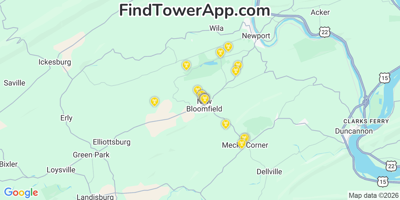Map showing the 20 primary cell tower locations detected in New Bloomfield, Pennsylvania from AT&T, Verizon, and T-Mobile networks