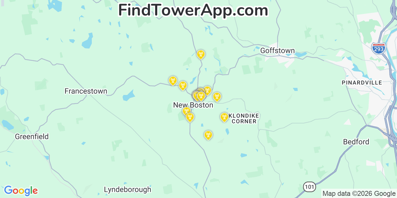 Map showing the 20 primary cell tower locations detected in New Boston, New Hampshire from AT&T, Verizon, and T-Mobile networks