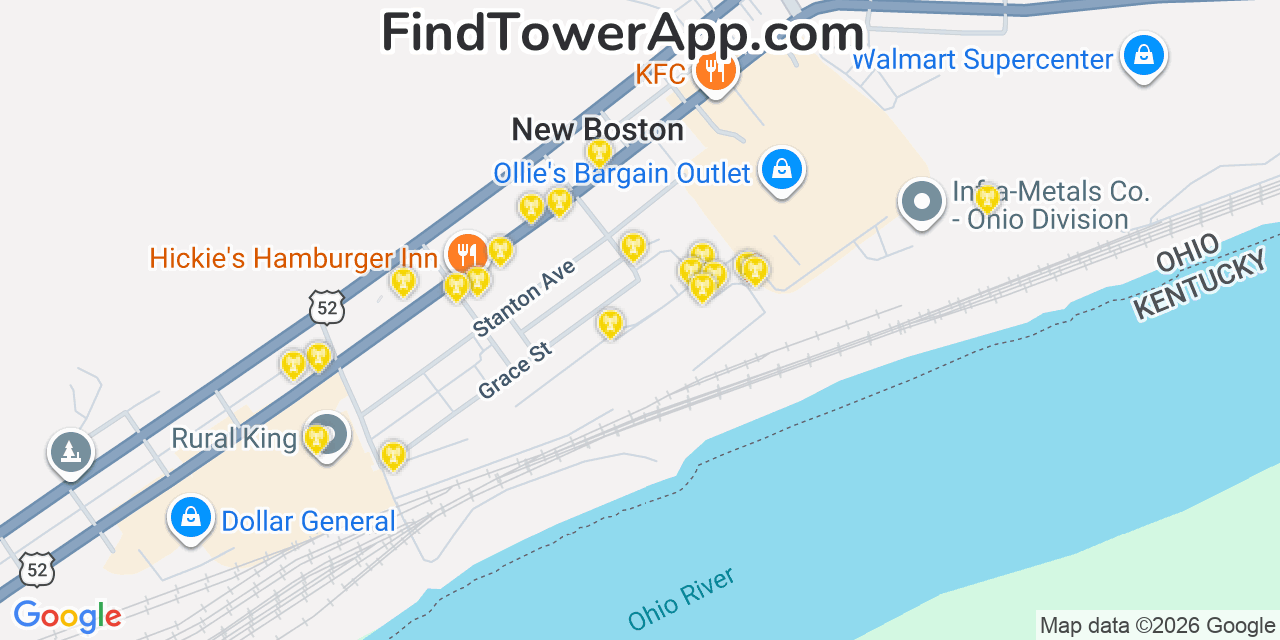 Map showing the 20 primary cell tower locations detected in New Boston, Ohio from AT&T, Verizon, and T-Mobile networks