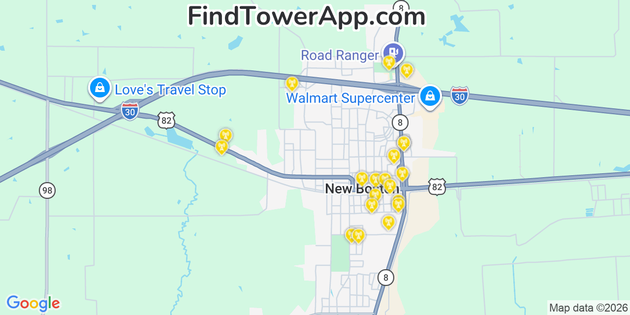 Map showing the 20 primary cell tower locations detected in New Boston, Texas from AT&T, Verizon, and T-Mobile networks