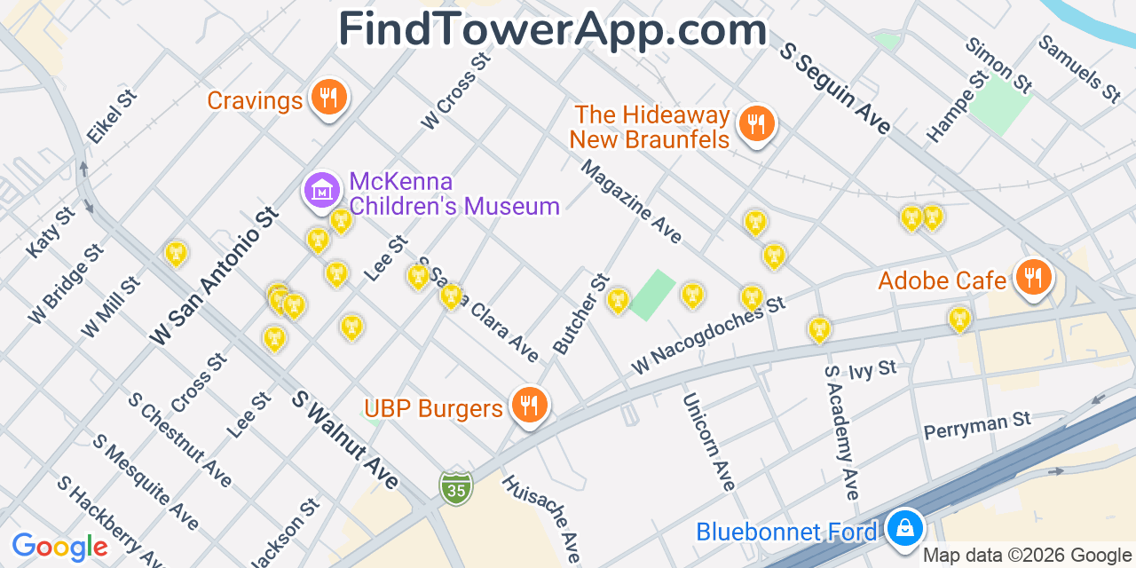 Map showing the 20 primary cell tower locations detected in New Braunfels, Texas from AT&T, Verizon, and T-Mobile networks