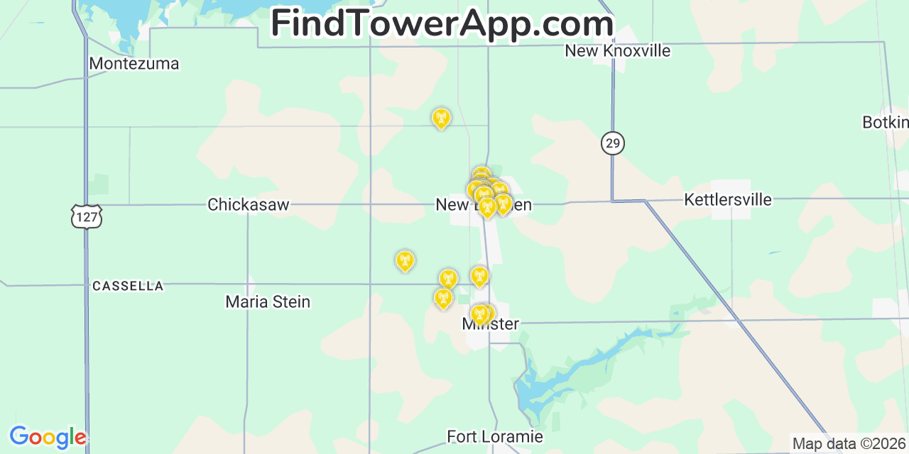 Map showing the 20 primary cell tower locations detected in New Bremen, Ohio from AT&T, Verizon, and T-Mobile networks