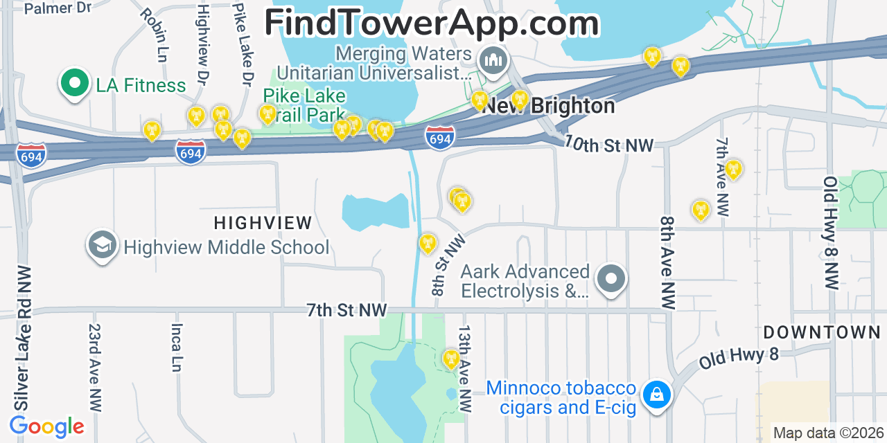 Map showing the 20 primary cell tower locations detected in New Brighton, Minnesota from AT&T, Verizon, and T-Mobile networks