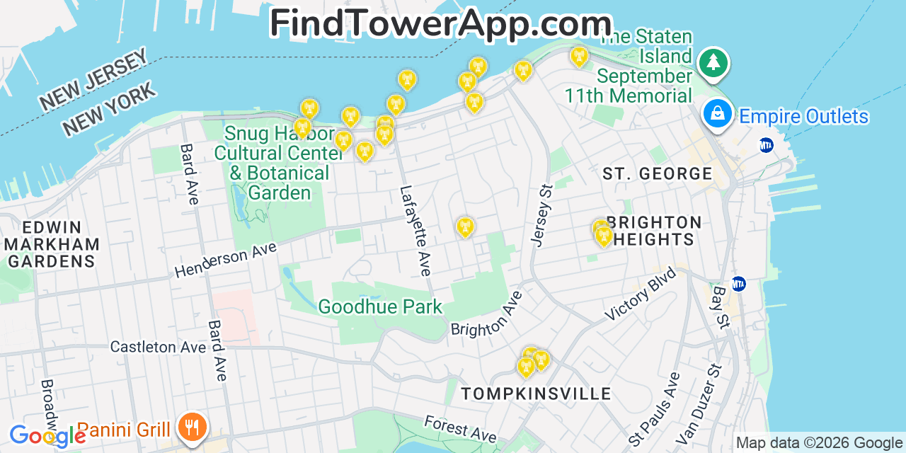 Map showing the 20 primary cell tower locations detected in New Brighton, New York from AT&T, Verizon, and T-Mobile networks