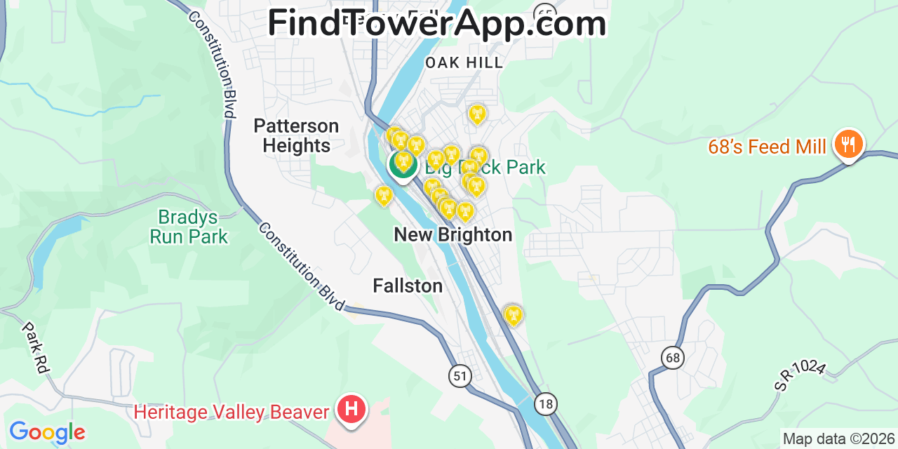 Map showing the 20 primary cell tower locations detected in New Brighton, Pennsylvania from AT&T, Verizon, and T-Mobile networks