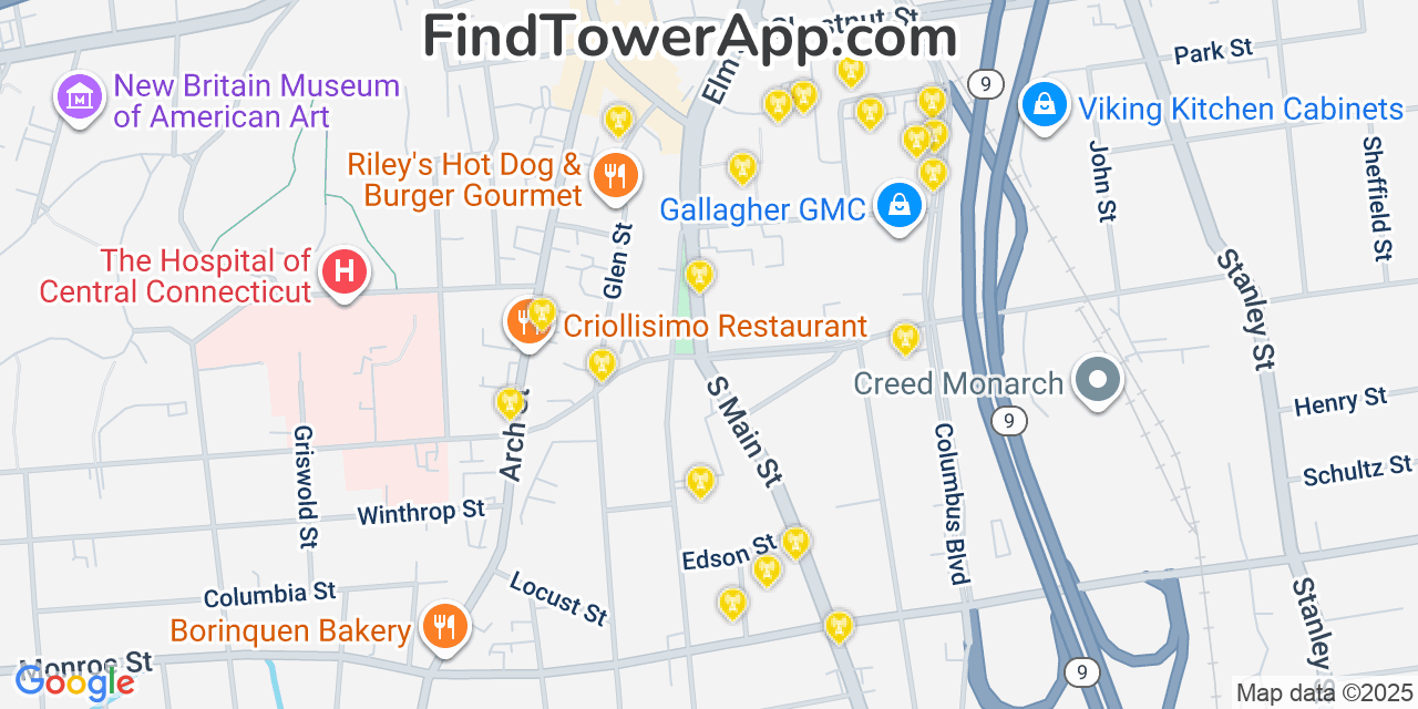 Map showing the 20 primary cell tower locations detected in New Britain, Connecticut from AT&T, Verizon, and T-Mobile networks