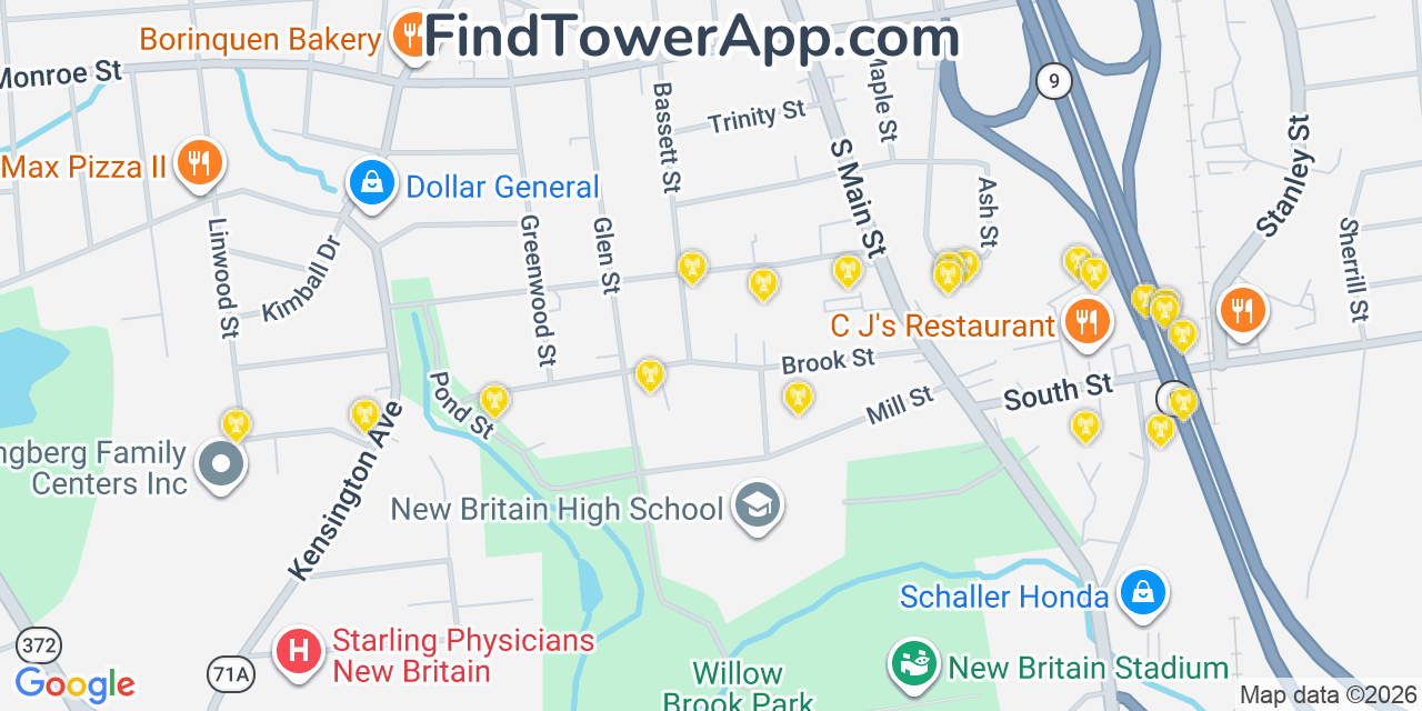Map showing the 20 primary cell tower locations detected in New Britain, Connecticut from AT&T, Verizon, and T-Mobile networks