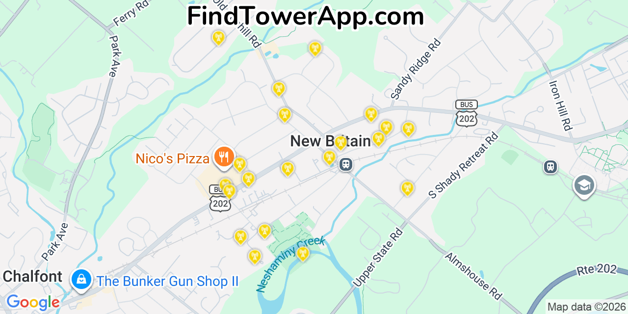 Map showing the 20 primary cell tower locations detected in New Britain, Pennsylvania from AT&T, Verizon, and T-Mobile networks