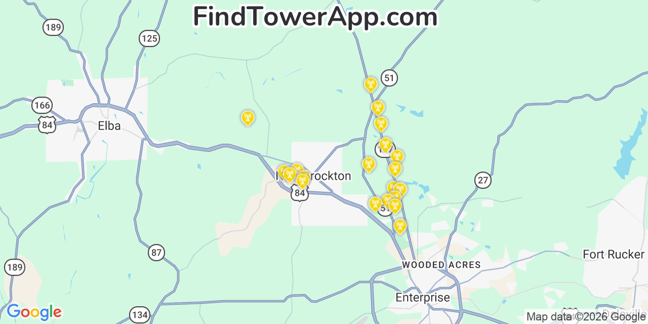 Map showing the 20 primary cell tower locations detected in New Brockton, Alabama from AT&T, Verizon, and T-Mobile networks