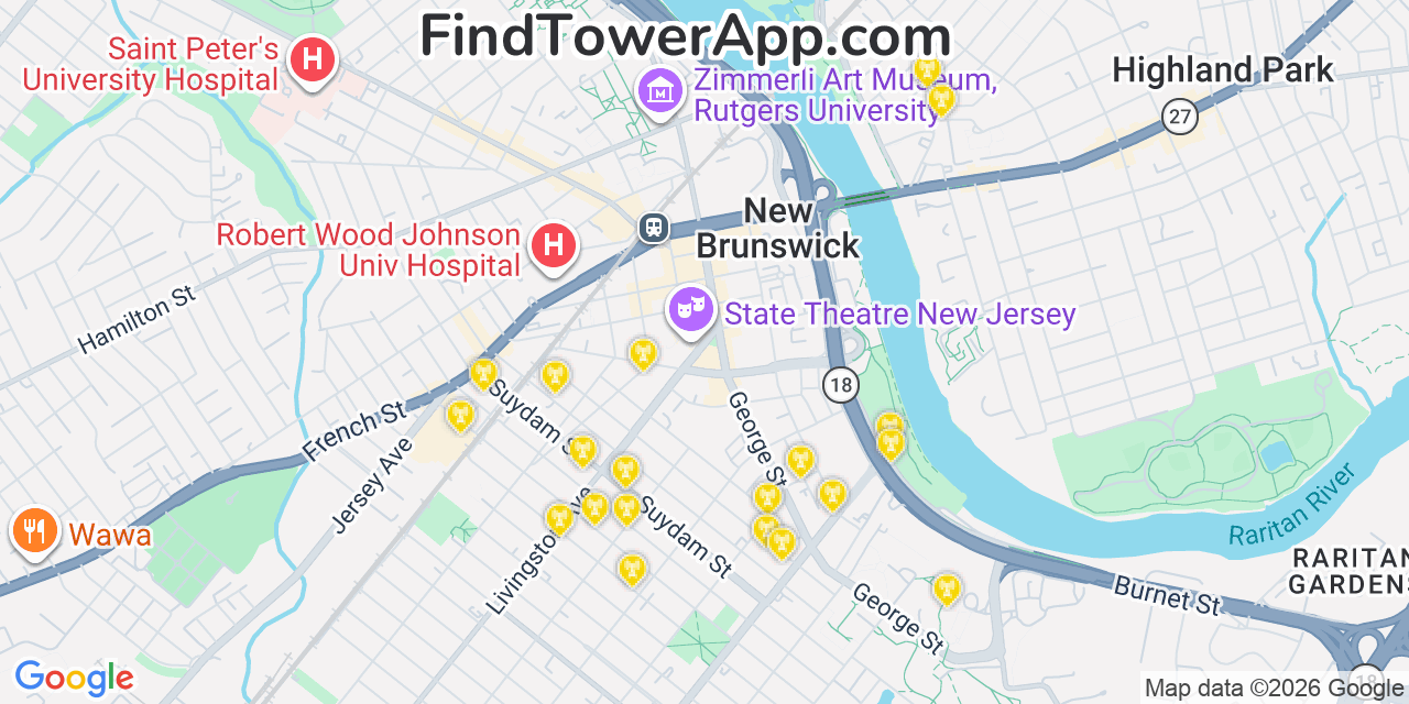 Map showing the 20 primary cell tower locations detected in New Brunswick, New Jersey from AT&T, Verizon, and T-Mobile networks