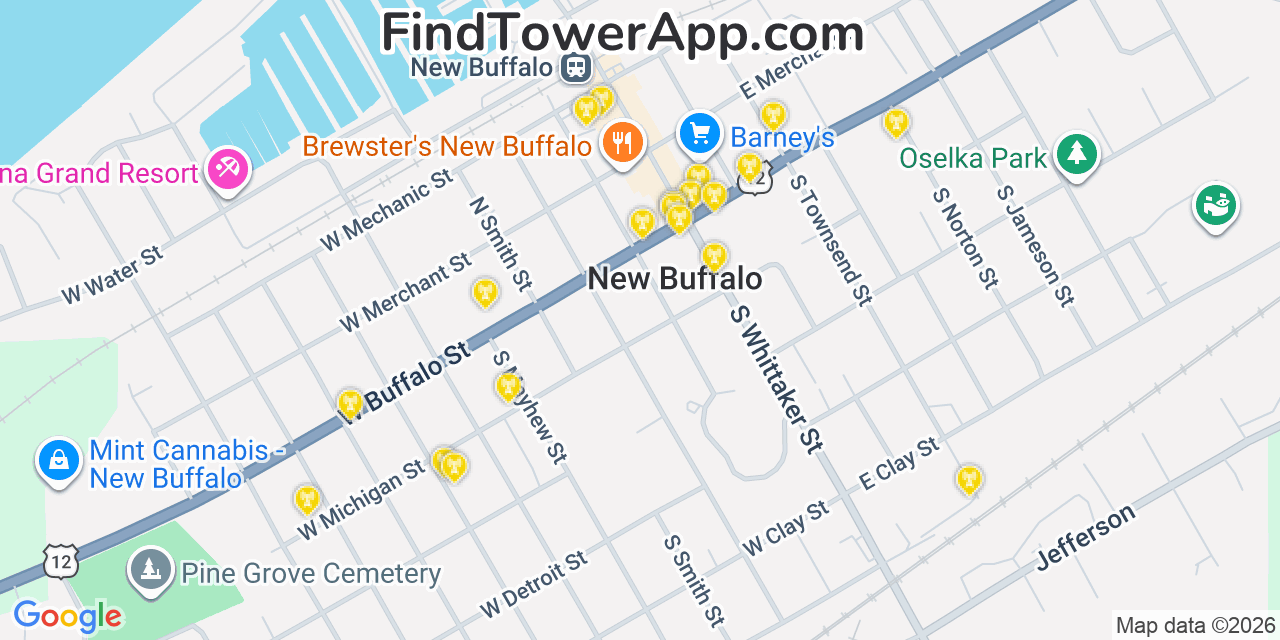 Map showing the 20 primary cell tower locations detected in New Buffalo, Michigan from AT&T, Verizon, and T-Mobile networks