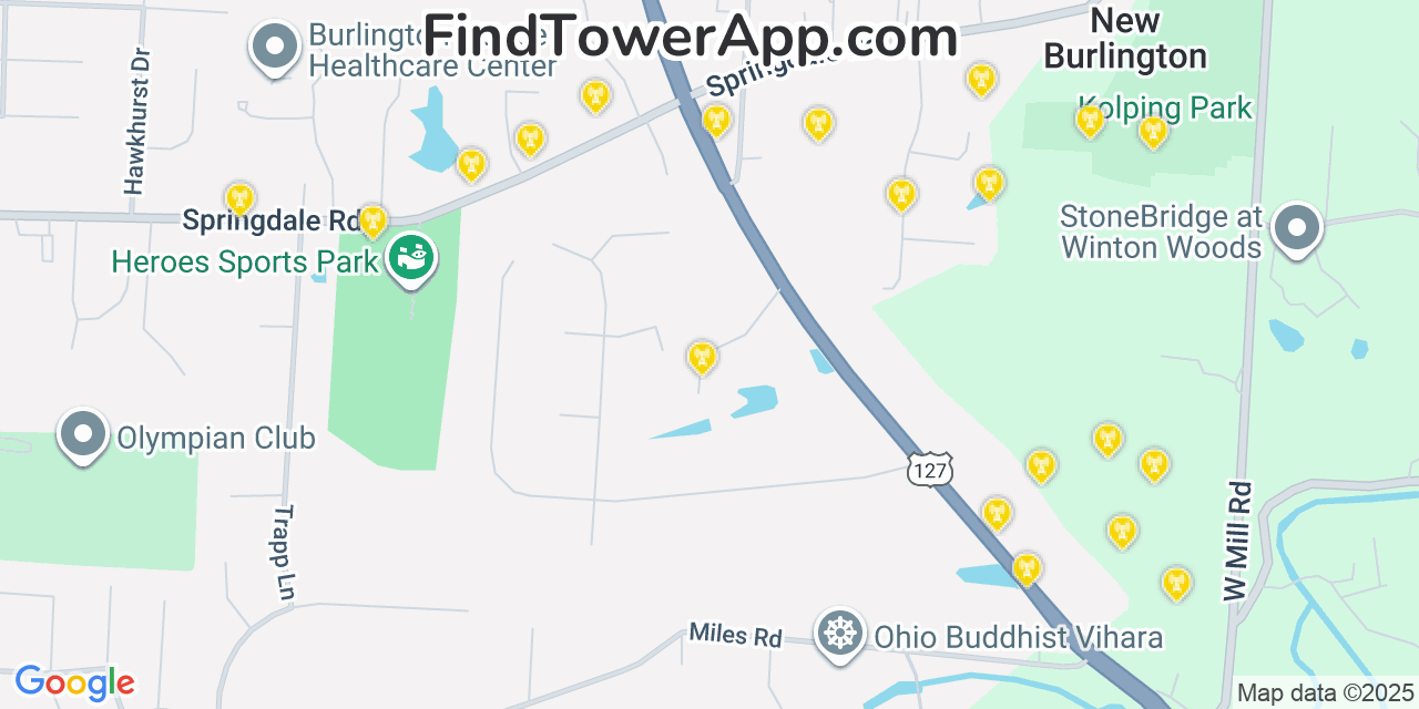 Map showing the 20 primary cell tower locations detected in New Burlington, Ohio from AT&T, Verizon, and T-Mobile networks