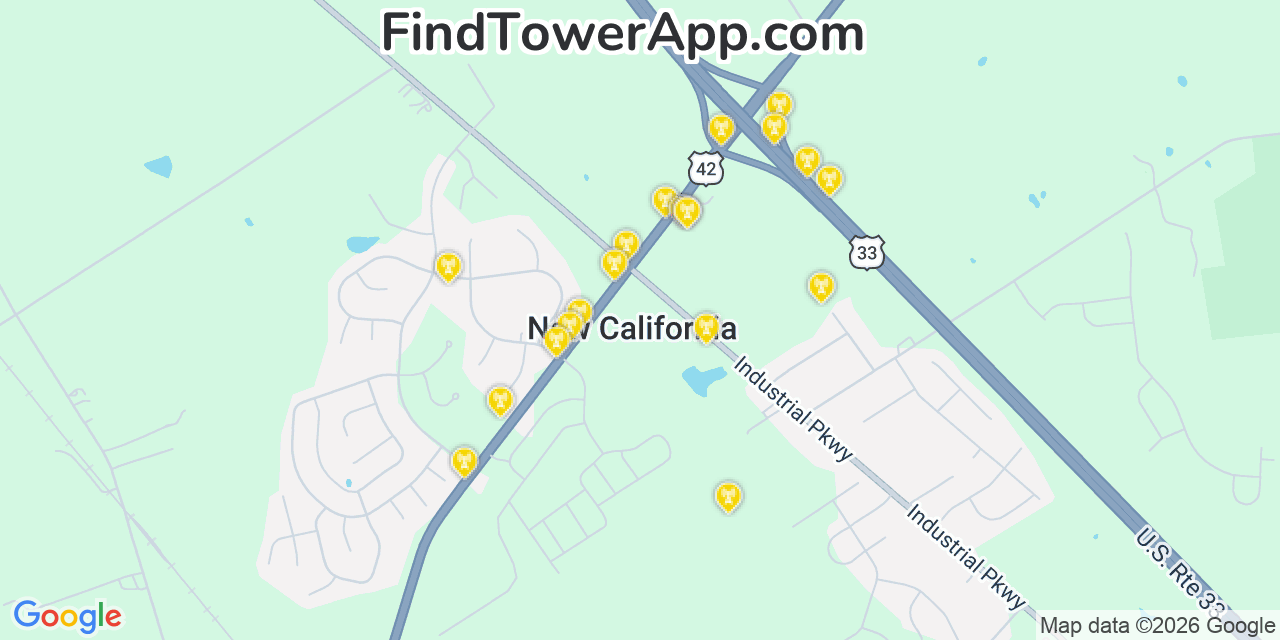 Map showing the 20 primary cell tower locations detected in New California, Ohio from AT&T, Verizon, and T-Mobile networks