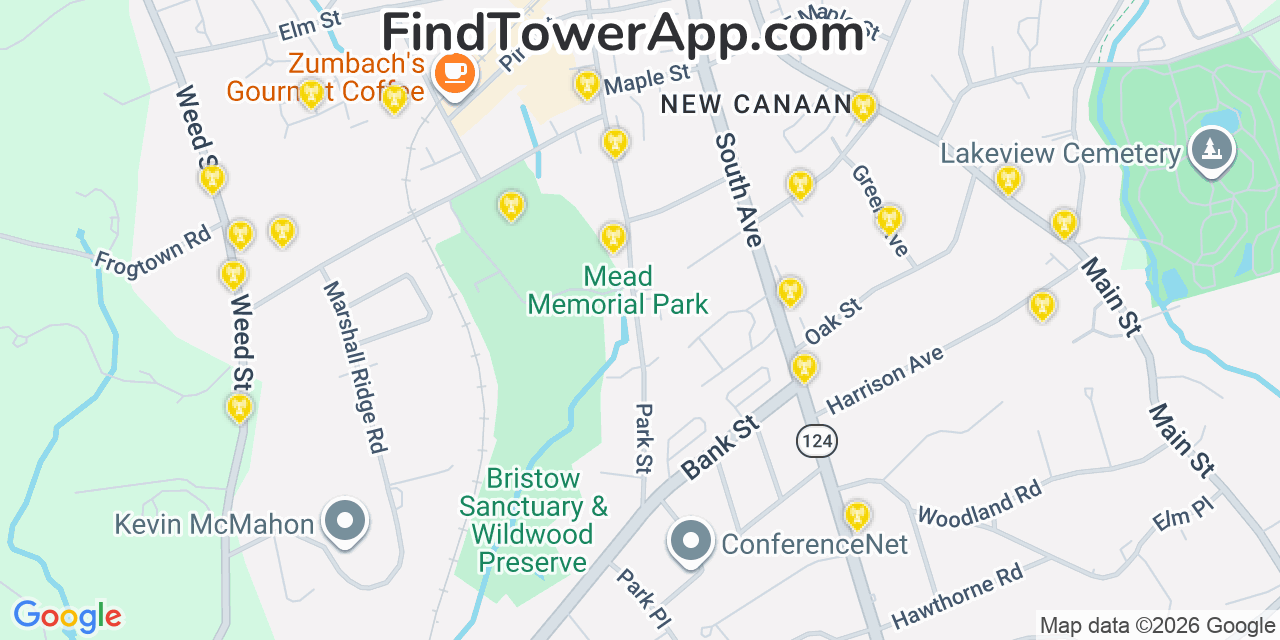 Map showing the 20 primary cell tower locations detected in New Canaan, Connecticut from AT&T, Verizon, and T-Mobile networks