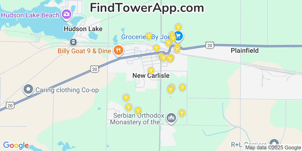 Map showing the 20 primary cell tower locations detected in New Carlisle, Indiana from AT&T, Verizon, and T-Mobile networks