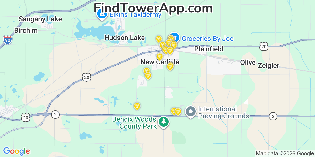 Map showing the 20 primary cell tower locations detected in New Carlisle, Indiana from AT&T, Verizon, and T-Mobile networks