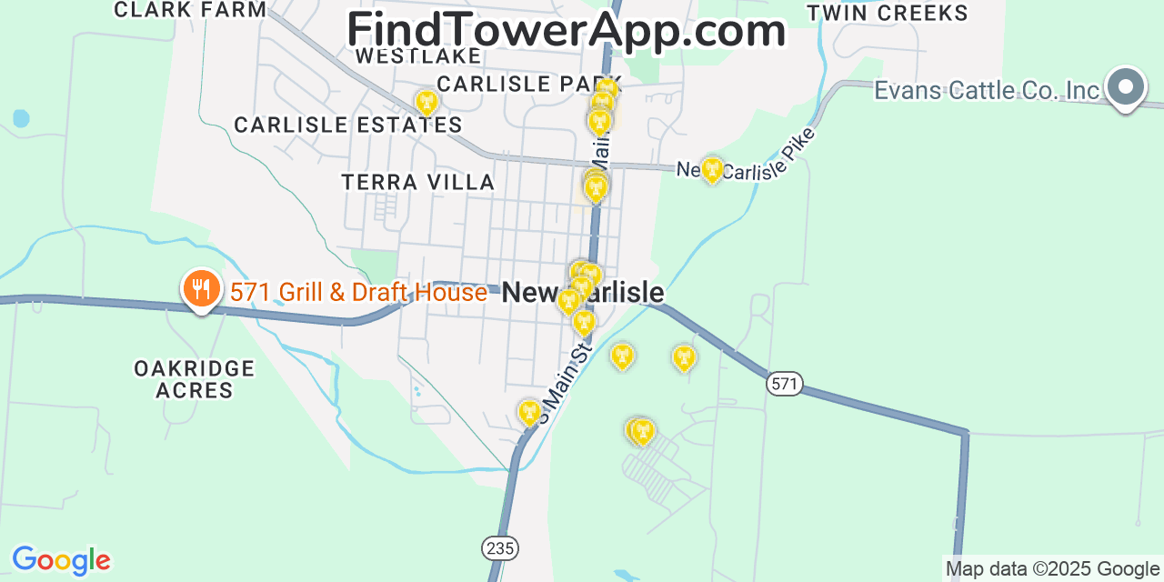Map showing the 20 primary cell tower locations detected in New Carlisle, Ohio from AT&T, Verizon, and T-Mobile networks