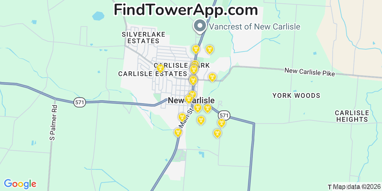 Map showing the 20 primary cell tower locations detected in New Carlisle, Ohio from AT&T, Verizon, and T-Mobile networks