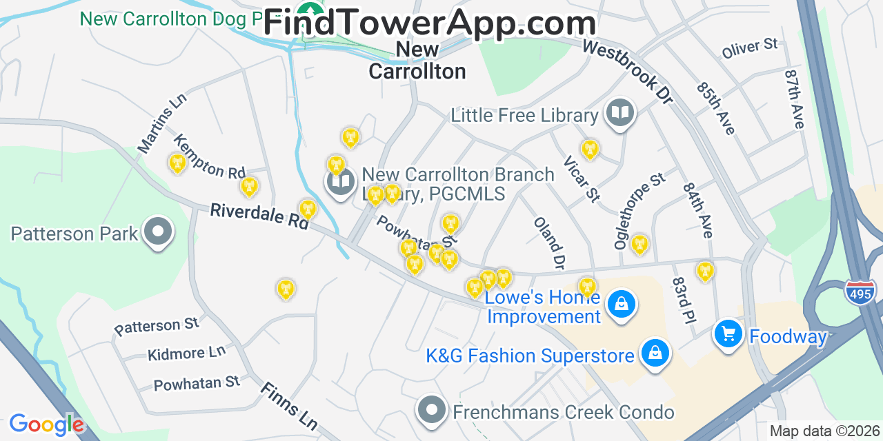 Map showing the 20 primary cell tower locations detected in New Carrollton, Maryland from AT&T, Verizon, and T-Mobile networks