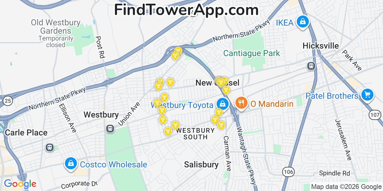 Map showing the 20 primary cell tower locations detected in New Cassel, New York from AT&T, Verizon, and T-Mobile networks
