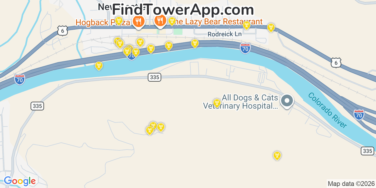 Map showing the 20 primary cell tower locations detected in New Castle, Colorado from AT&T, Verizon, and T-Mobile networks