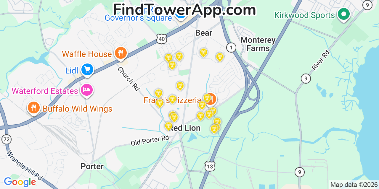 Map showing the 20 primary cell tower locations detected in New Castle, Delaware from AT&T, Verizon, and T-Mobile networks