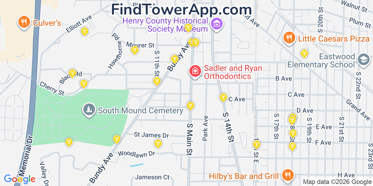 Map showing the 20 primary cell tower locations detected in New Castle, Indiana from AT&T, Verizon, and T-Mobile networks