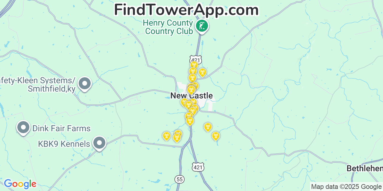 Map showing the 20 primary cell tower locations detected in New Castle, Kentucky from AT&T, Verizon, and T-Mobile networks