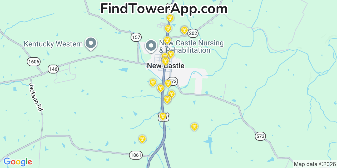 Map showing the 20 primary cell tower locations detected in New Castle, Kentucky from AT&T, Verizon, and T-Mobile networks