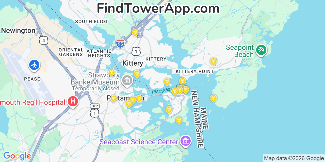 Map showing the 20 primary cell tower locations detected in New Castle, New Hampshire from AT&T, Verizon, and T-Mobile networks