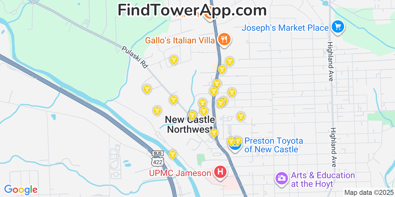 Map showing the 20 primary cell tower locations detected in New Castle Northwest, Pennsylvania from AT&T, Verizon, and T-Mobile networks