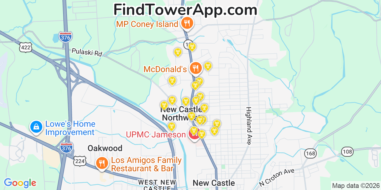 Map showing the 20 primary cell tower locations detected in New Castle Northwest, Pennsylvania from AT&T, Verizon, and T-Mobile networks