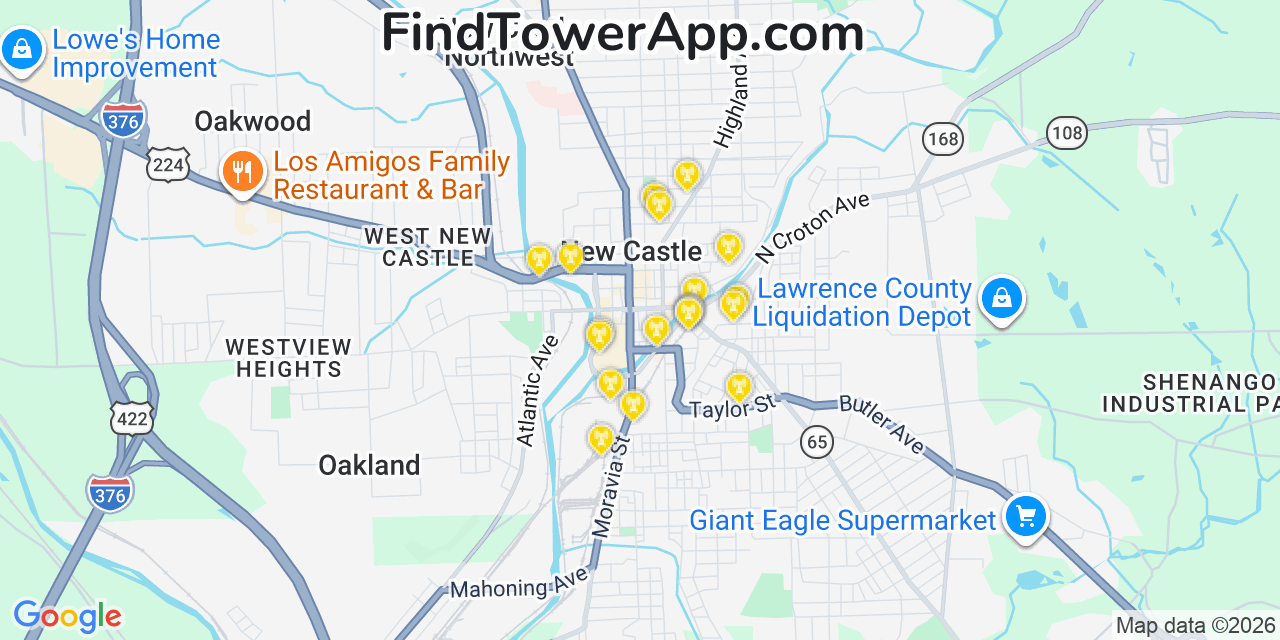 Map showing the 20 primary cell tower locations detected in New Castle, Pennsylvania from AT&T, Verizon, and T-Mobile networks