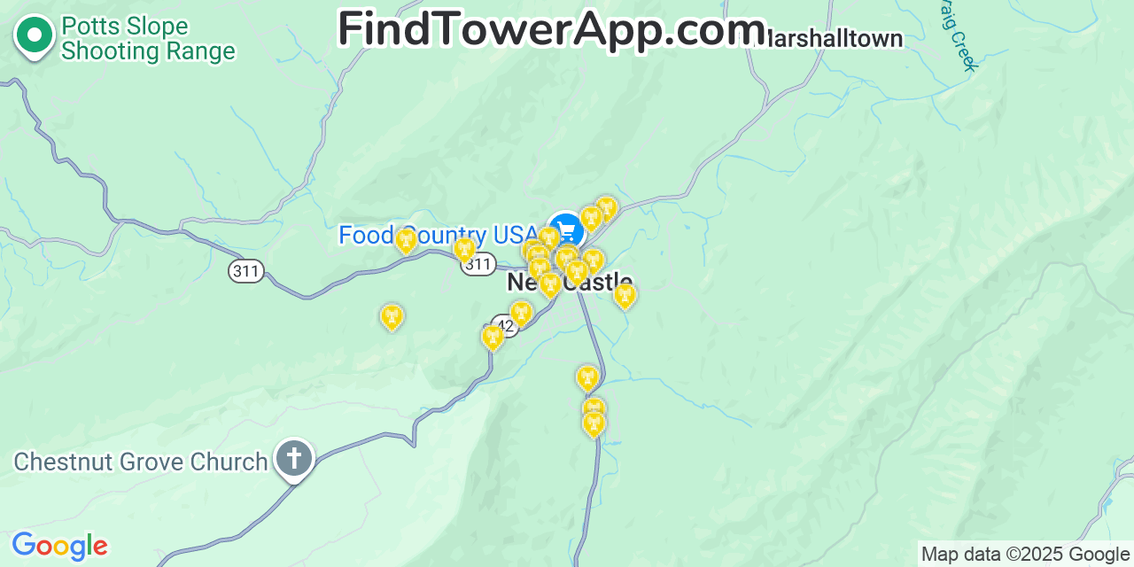 Map showing the 20 primary cell tower locations detected in New Castle, Virginia from AT&T, Verizon, and T-Mobile networks