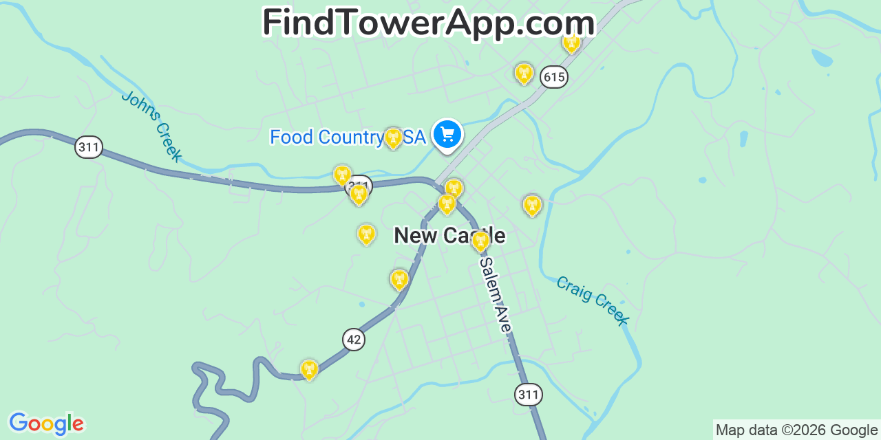Map showing the 20 primary cell tower locations detected in New Castle, Virginia from AT&T, Verizon, and T-Mobile networks