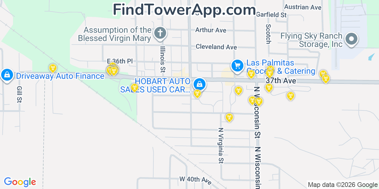 Map showing the 20 primary cell tower locations detected in New Chicago, Indiana from AT&T, Verizon, and T-Mobile networks